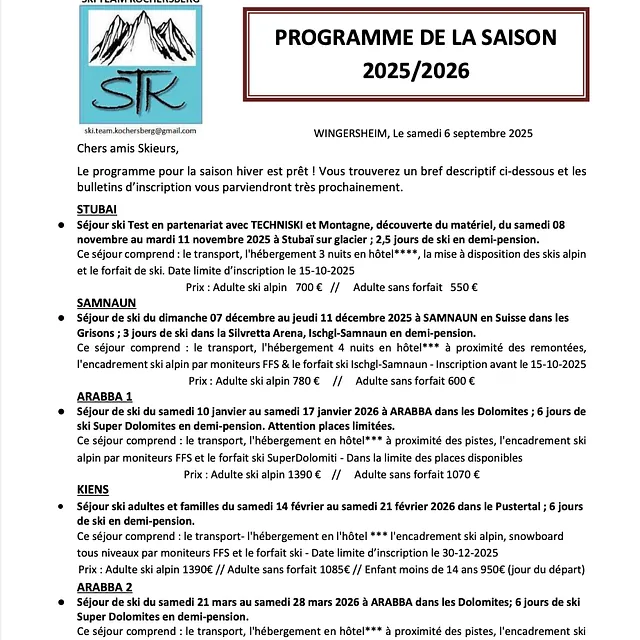 Calendrier ski STK